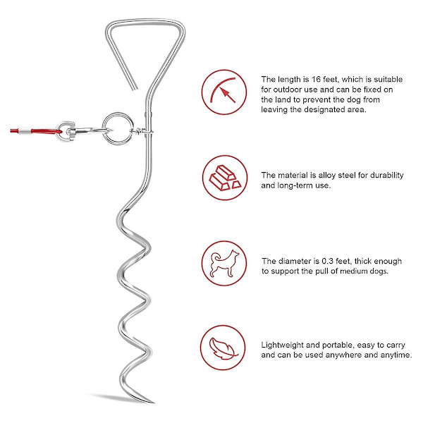 Hundebånd med Kabel og Pæl, 10m Udendørs Hundeleash til Løbetur, Camping, med 16 tommer Robust Hundebånd