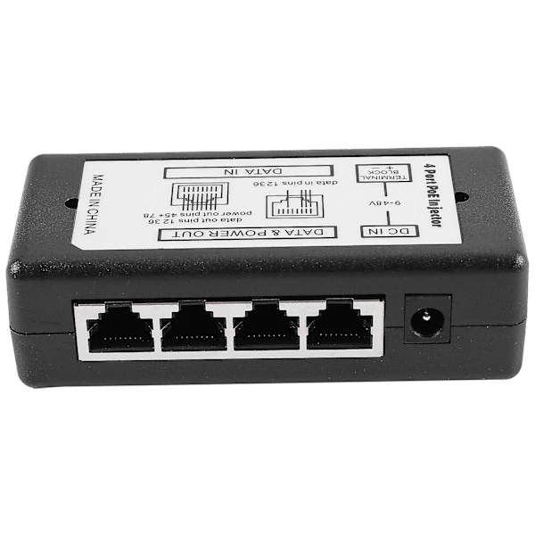 4-port PoE-injektor PoE-strömadapter Ethernet-strömförsörjning Pin 4,5(+)/7,8(-) Ingång DC12V-DC48V för IP-kamera