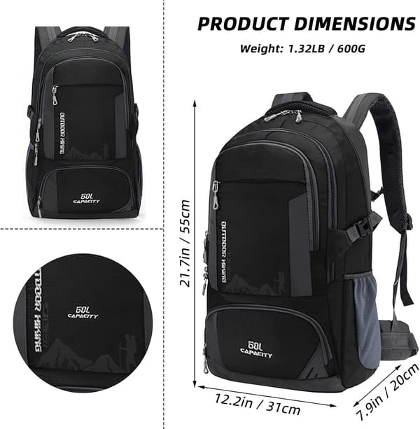 60L Waterproof Hiking Backpack Lightweight Camping Backpack Women Men Durable Daypack (Black, 60L)