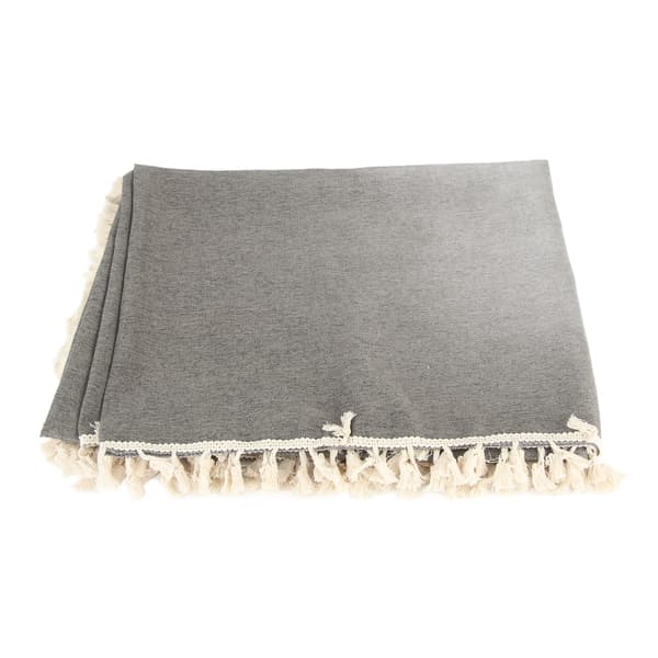 Grå duk med dusker og blonder, rektangulær, polyester, dekorativ duk til spisestue, restaurant, hotell og kafé, 140x180cm/55x71in