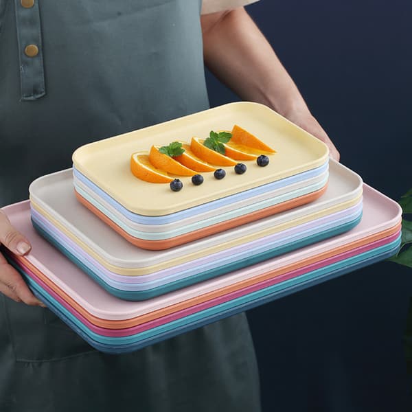 Wheat Straw Kitchen Tray, Rectangular, Nordic Style, for Muffins, Fruit, Snacks, Tea Tray for Home, Office, Restaurant, Pink S (approx. 25x17cm)