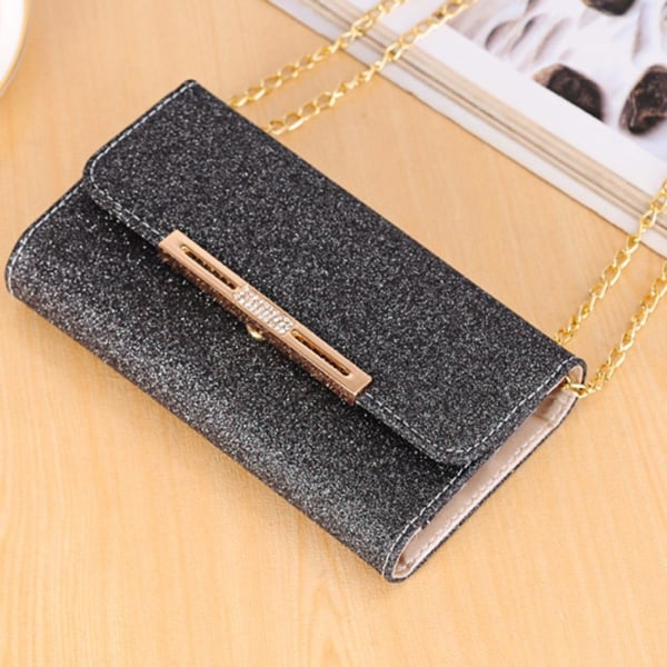 Glittrigt plånboksfodral för iPhone X/XS Svart - Med axelkedja Frostad, svart