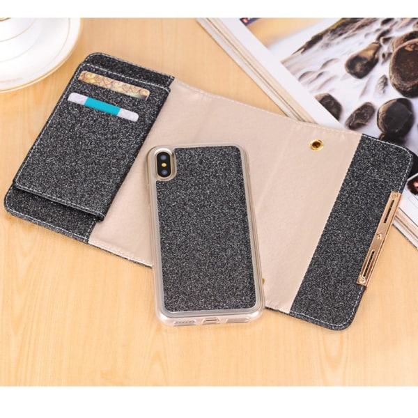 Glittrigt plånboksfodral för iPhone X/XS Svart - Med axelkedja Frostad, svart