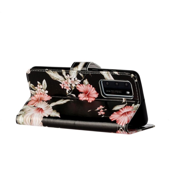 Plånboksfodral för Huawei P40 - Svart med rosa blommor Multifärgad