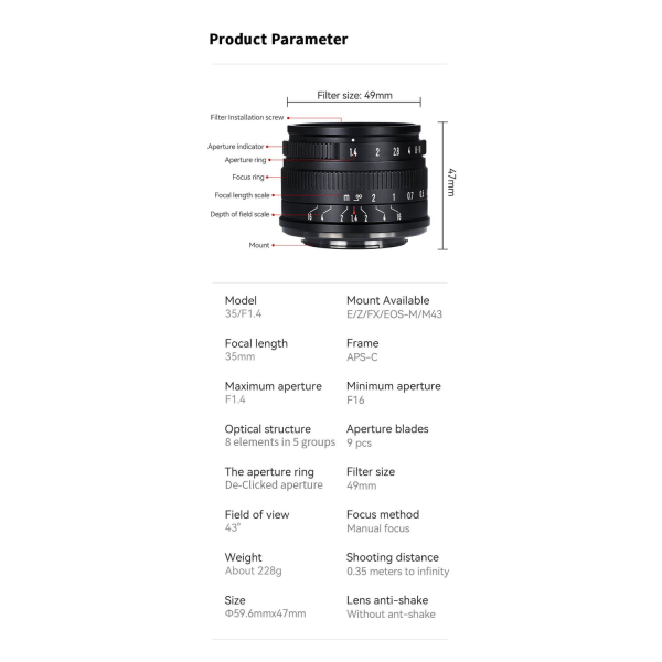 7artisans 35mm f/1.4 objektiv APS-C för Canon EOS M
