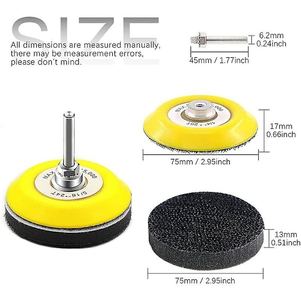 Pack 3 Inch Hook & Loop Sanding Pads For Sanding Discs With 6.mm Shank For Drill