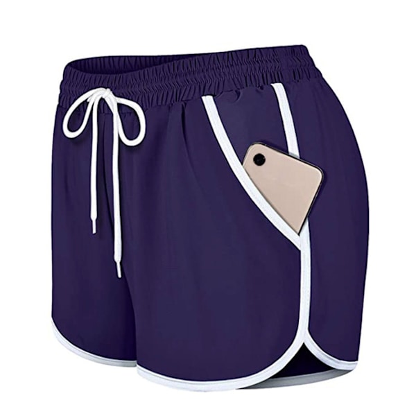 Women's Double ayer Drawstring Elastic Waist Athletic Shorts with Pockets Purple L