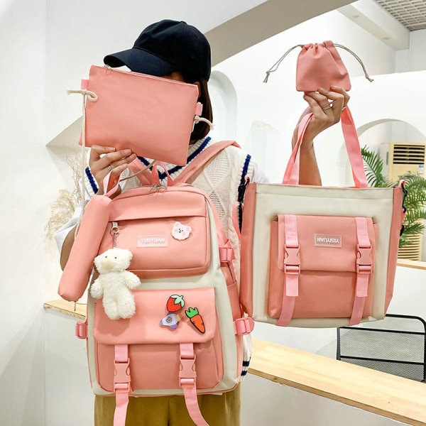 Mordely Student tjej ryggsäck axelväska skolväska Canvas Harajuku Large Capacity Set Middle School College Bag Pink