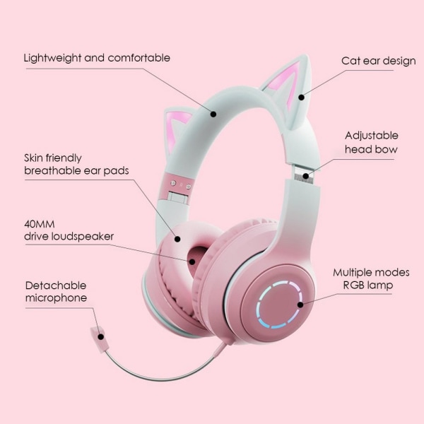Mordely Blixtljus Cute Cat Ear-hörlurar trådlösa med mikrofon rosa pink