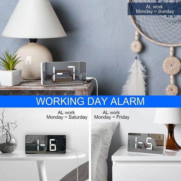 Mordely Digital Alarm Clock Large Mirrored Led Clock Snooze Function Dimming Mode Beside Clock For Bedroom Decor -white