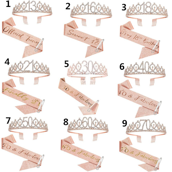 Mordely 16/18/0 födelsedag Crown Sash Set 4