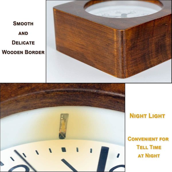 3-inches Square Wooden Alarm Clock With Arabic Numerals, Non-ticking Silent, Backlight, Battery Operated, Brown