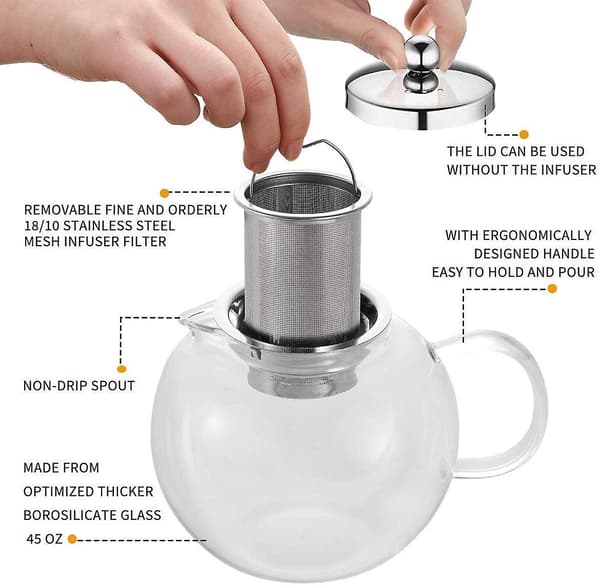 Mordely Glass Teapot With Removable Infuser, Safe Kettle, Blooming And Loose Leaf Tea Maker Set