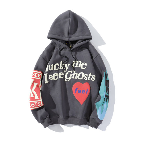 Mordely Unisex tröja Kanye Lucky e I See Ghosts Hoodie Pullover Grey M