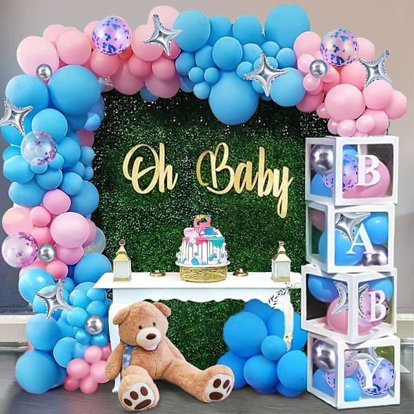 Mordely 120 st Baby Gender Reveal Baby Shower Dekorationer med ballonggirland Arch Kit Blå Rosa Vita Baby Letters DIY Baby Box för 1:a