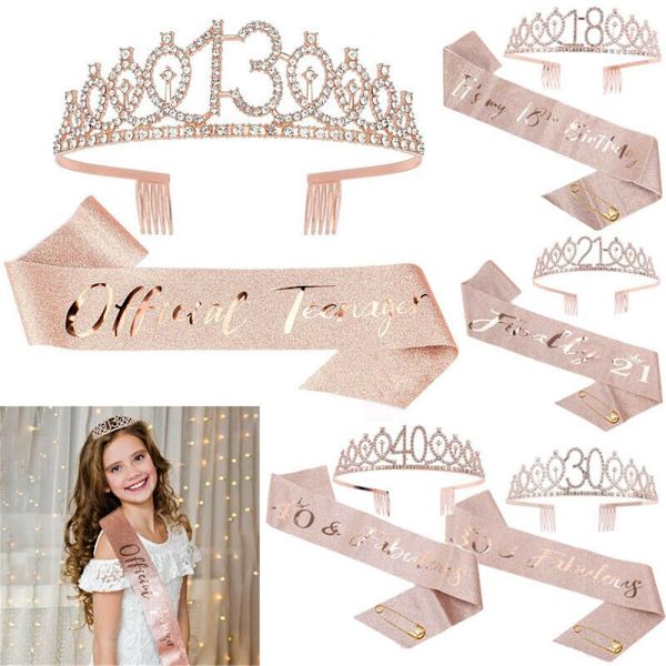 Mordely 16/18/40 års födelsedag Crown Sash Set 2