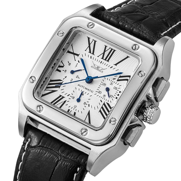 2023 Men's Mechanical Watch, Automatic Silver Black Alloy Dial Leather Strap