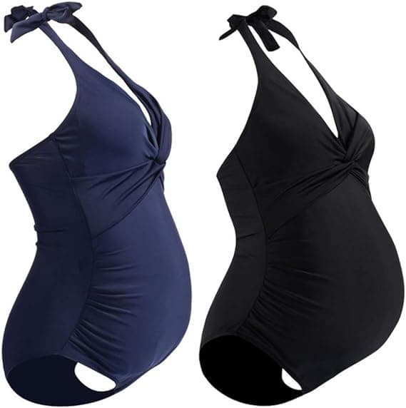 Maternity Swimsuit One Piece Swimsuit Halter Pregnancy Solid Swimsuit with Adjustable Drawstring Black L