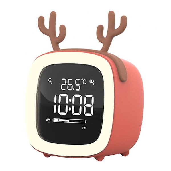 Digital Alarm Clock, Portable Cartoon Antler Shaped Alarm Clock, Rechargeable Digital Display Screen, Night Light Alarm Clock-pink