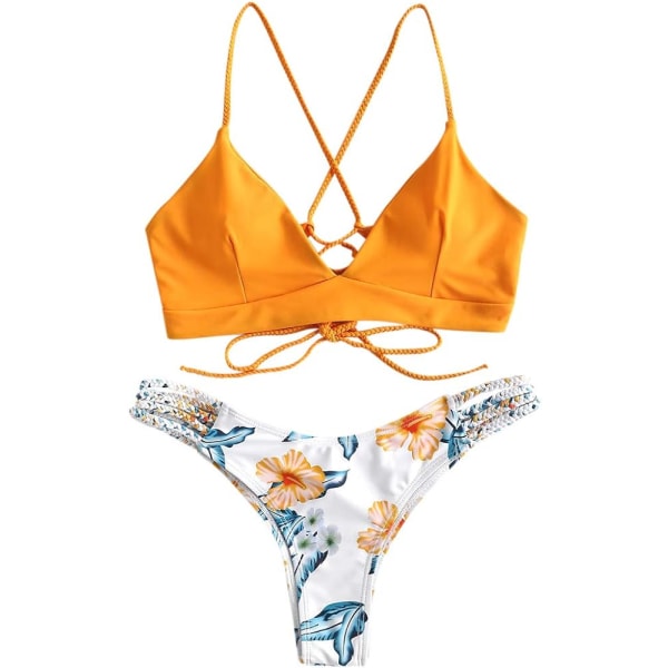 Mordely Women's Scale Print Lace-up Crisscross Bralette Bikini Swimsuit Flower Medium