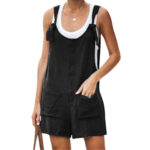 Mordely Dam Sommar Linne Bomulls Jumpsuit Dungarees Pocket Shorts black 3XL