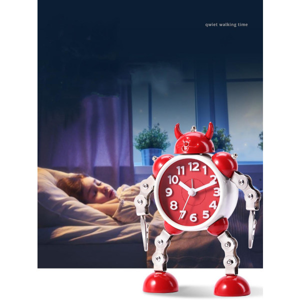 Non-ticking Robot Alarm Clock Stainless Metal Wake-up Clock With Flashing Eye Lights And Hand Clip (ruby Red)