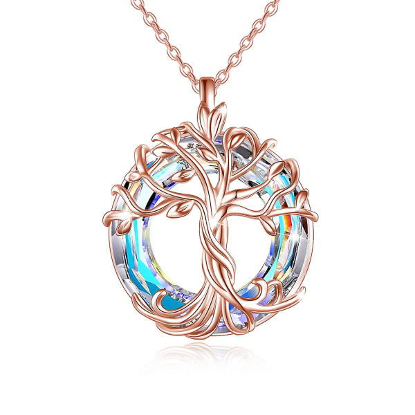 Family Tree Of Life Pendant Necklace With Circle Crystal Jewelry Gift For Women Girls Mom On The Birthday Mothers Day Rose Gold
