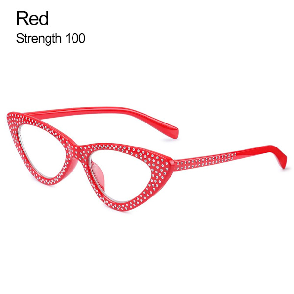 Mordely Cat Eye Läsglasögon Diamond Presbyopic Glasögon RÖDA red Strength+100-Strength+100