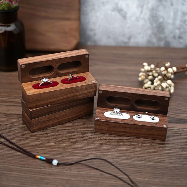 Mordely Valnöt Trä Ring Box Halsband Ring Örhänge Box RÖD Red