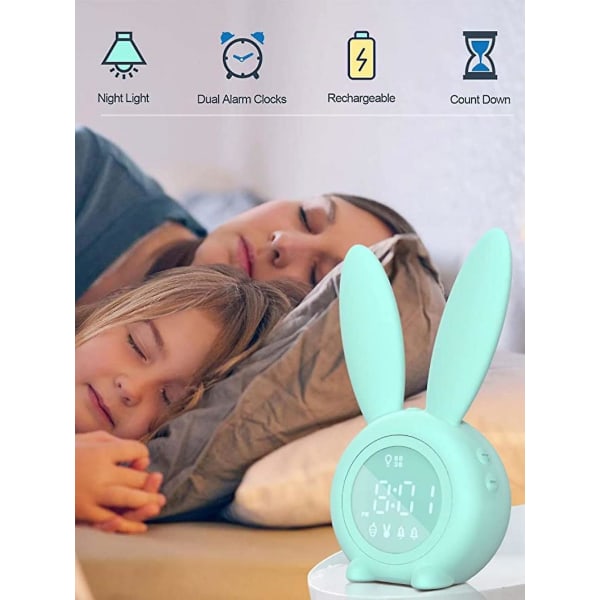 Mordely Rabbit Children's Alarm Clock - With Dimmable Wakeup Clock, Rechargeable - Suitable For Children's Bedroom -green