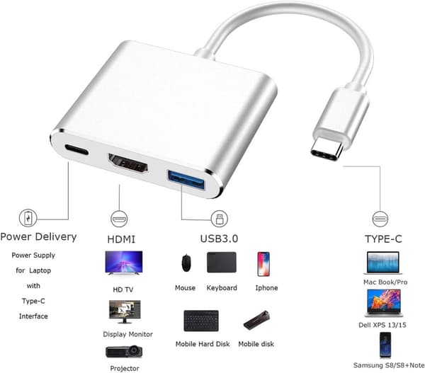 Mordely USB-C till HDMI Adapter-Typ-C 3In1-omvandlarkabel