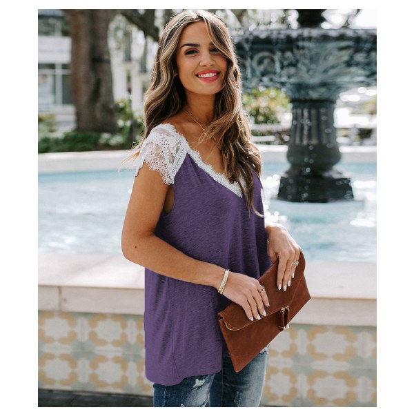 Mordely Women Summer Loose Splice Lace Crochet Trim V-Neck Cap Sleeves Tank Shirts Blouse Tops,- Purple XL