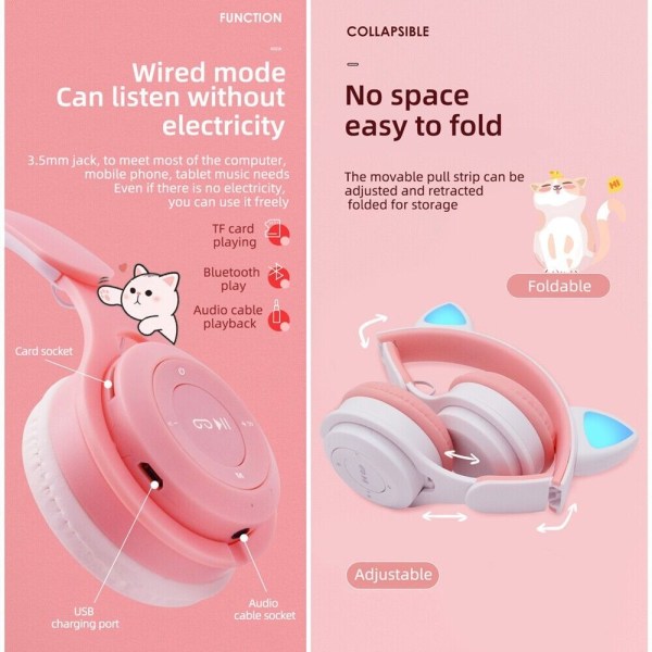 Trådlöst Bluetooth Headset Barnhörlurar ROSA pink