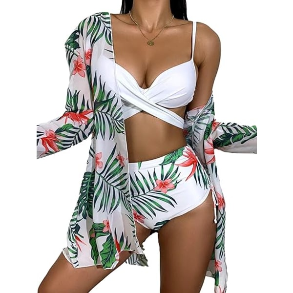 Women's Tropical Floral High Waist Beach Kimono Wrap Swimsuit 3 Piece Swimsuit Padded Bikini Bathing Suit Set Green Pink Floral XL