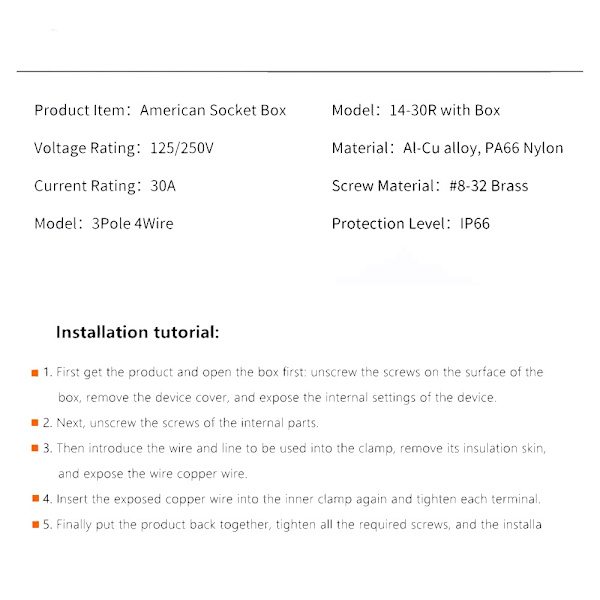30A power NEMA 14-30R Uttag utomhusuttag