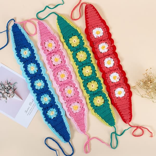 Virkad Blomma Pannband Scarf Stickade Hårband BLÅ Blue