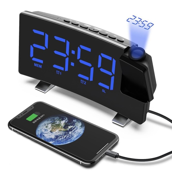 Mordely Projection Alarm Clock With 180 Rotatable Projector Led Display Clock, Usb Charger, 12/24h, Bedroom Digital Alarm Clock - Blue Numbers