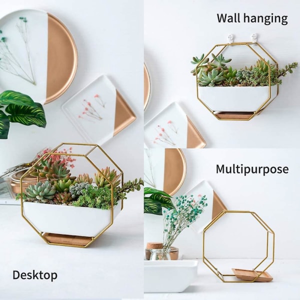 Mordely White Ceramic Wall Pots, Hanging Plant, Wall Planter With Iron Frame And Bamboo Tray For Artificial
