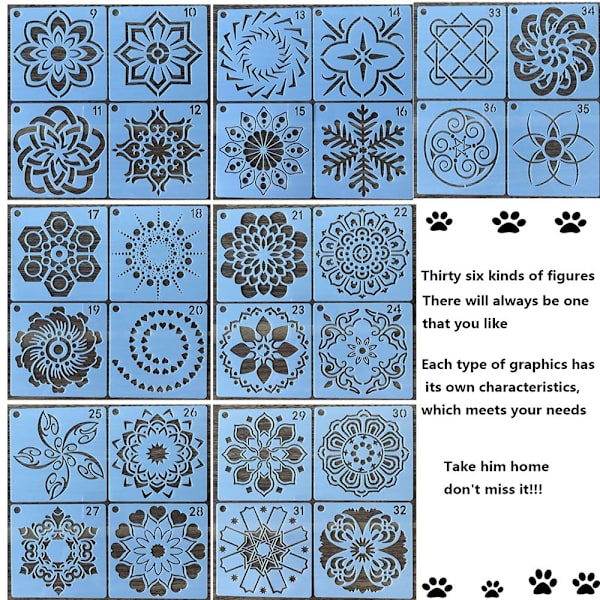 Mordely Ett paket med 36/56 målningsmall Mandala stenciler