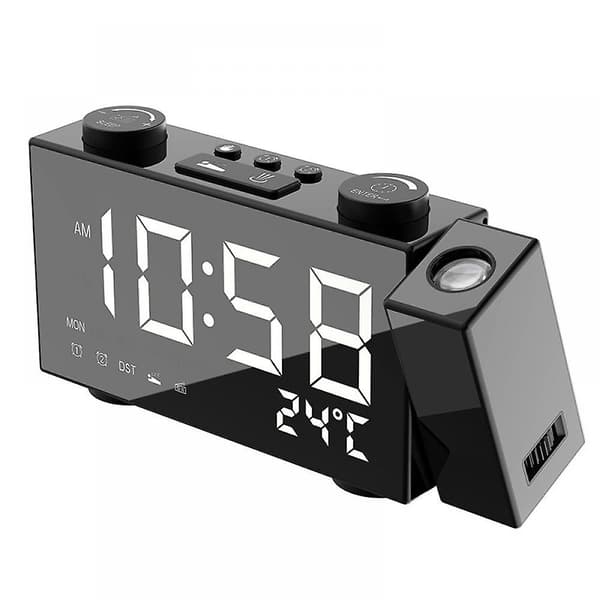 Mordely Multifunctional Clock Radio With Thermometer Function Led Alarm Clock Intelligent Projection Fm Fm Alarm Clock - Black