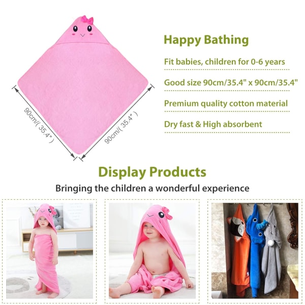 Mordely Unisex Baby Animal Hooded Bath Towel, Soft Cotton Beach Bath Robe for 0-6T, Pink