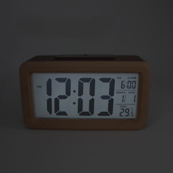 2023 Wooden Lcd Alarm Clock With Intelligent Sensor Night Light, Temperature Detection, Nap Function, Bedroom And Dining Table Clock - Brown