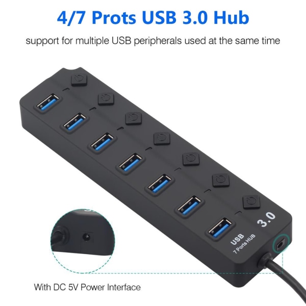 Mordely 4/7-ports USB 3.0 Hub Höghastighets utan kabel 7 Ports USB Hub