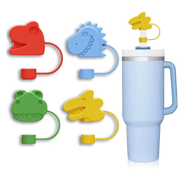 Halmfodral Set med silikonstrån, 4 st 10mm dinosaurier