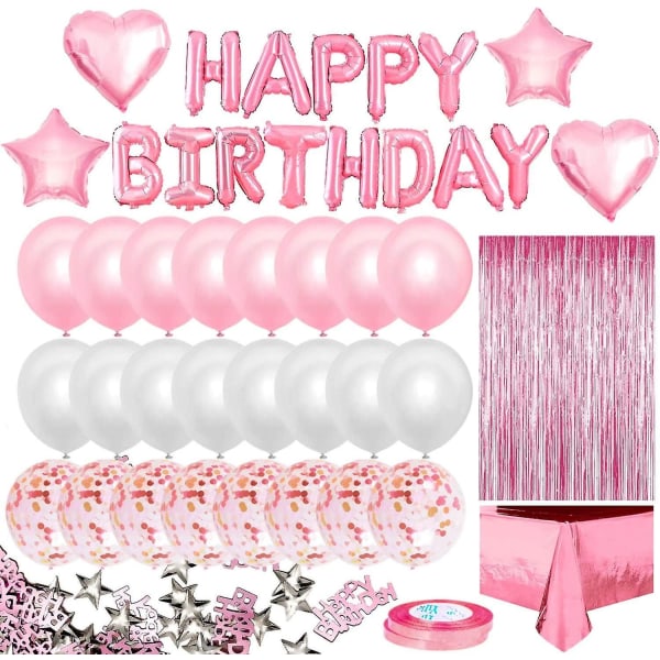 Mordely Rosa ballong flicka födelsedag dekoration, grattis på födelsedagen banner, bordsduk tofs gardin, rosa vit