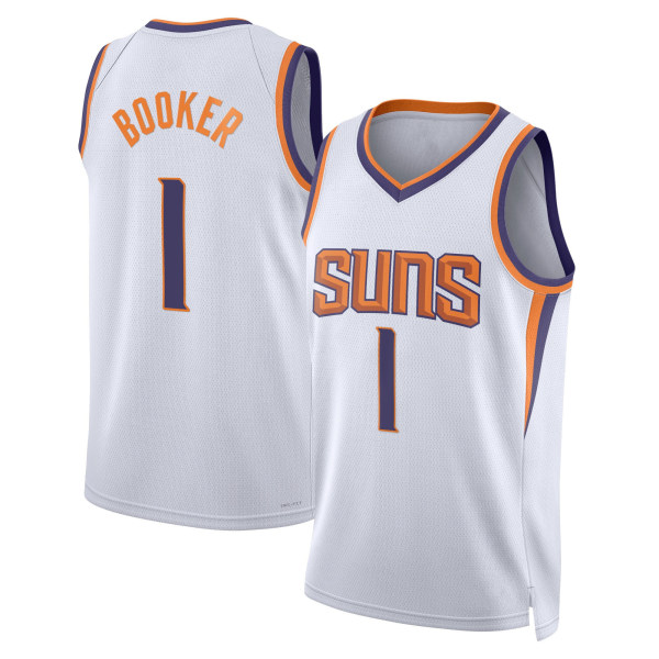 Mordely en's Phoenix Suns #1 Devin Booker 2022-23 White 75th Anniversary Association Edition sydd tröja för vuxna M