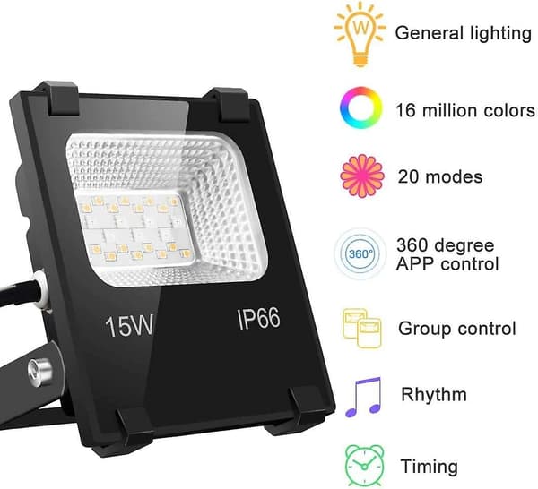 2023 Led Flood Lights Outdoor, 15w Bluetooth Smart App Control, Colour Changing Rgb 100w Equivalent Ip66, Uk 3-plug, 2 Pack