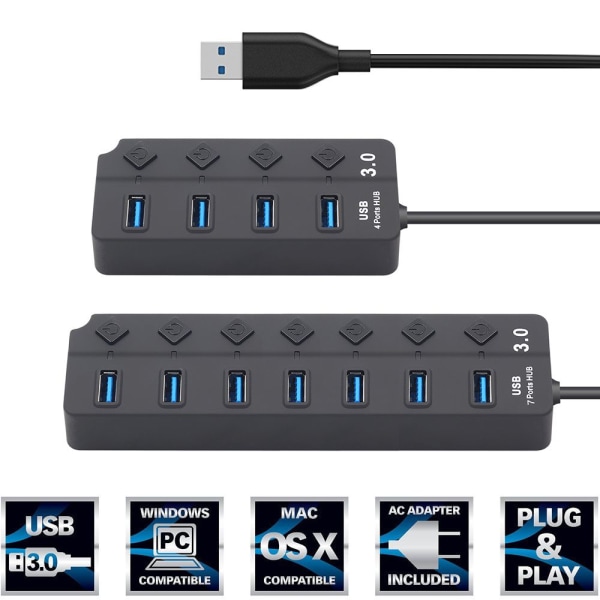 Mordely 4/7-ports USB 3.0 Hub höghastighets 4 Ports USB Hub