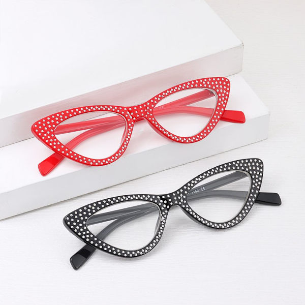 Mordely Cat Eye Läsglasögon Diamond Presbyopic Glasögon RÖDA red Strength+150-Strength+150