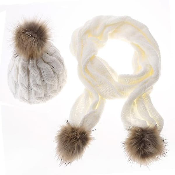 stickad mössa för kvinnor Pom Bobble Scarf Set Stretch vintermjuk cap White